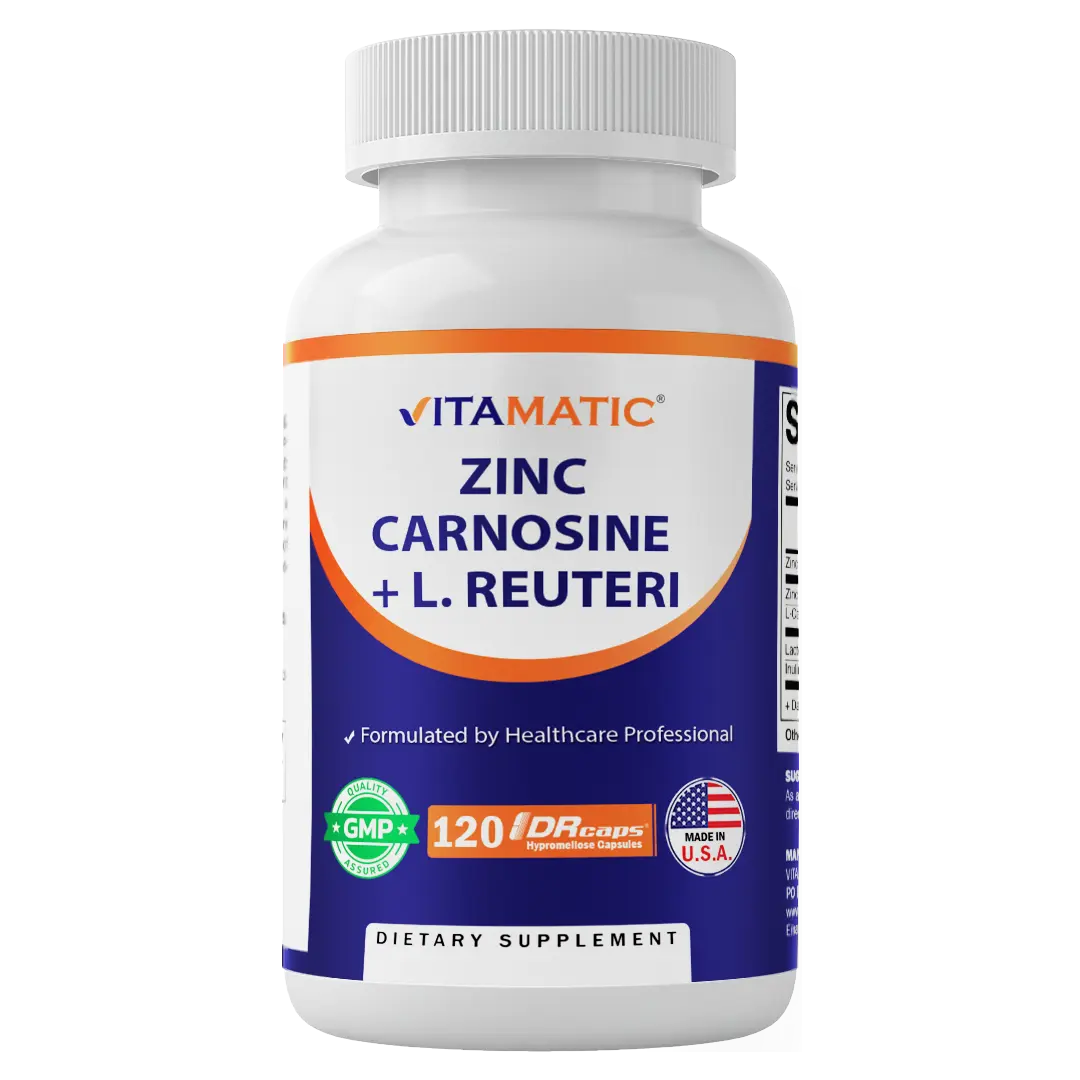 Zinc Carnosine with L. Reuteri 10 Billion CFU & Prebiotic Inulin 264 mg Digestive & Gut Health Support* - 120 Delayed-Release Capsules Zinc Carnosine with L. Reuteri 10 Billion CFU & Prebiotic Inulin 264 mg Digestive & Gut Health Support* - 120 Delayed-Release Capsules