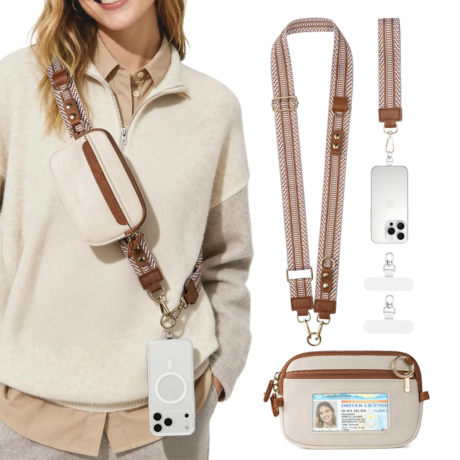 Women's Chic Plain Crossbody Cellphone Sling Wallet - Adjustable Clip-and-Go PU Leather Lanyard, RFID Zipper Pouch, Anti-Theft Athletic Accessory for Smartphone Protection, Daily Life & Travel