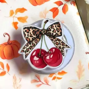 Cherry Phone Grip with Leopard Bow – Cute Y2K Coquette Pop Socket