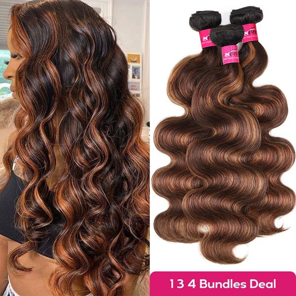 P4/27 Honey Blonde Highlight Body Wave Bundles FB 30 Brown Colored Body Wave Human Hair Weave Bundles Quick Weave Extensions 28 30 Inch #TikTokShopBlackFriday