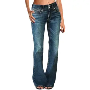 Women's Trendy Stretchy Flare Jeans Mid Rise Bootcut Curvy Denim Pants comfortable denim tummy control curve