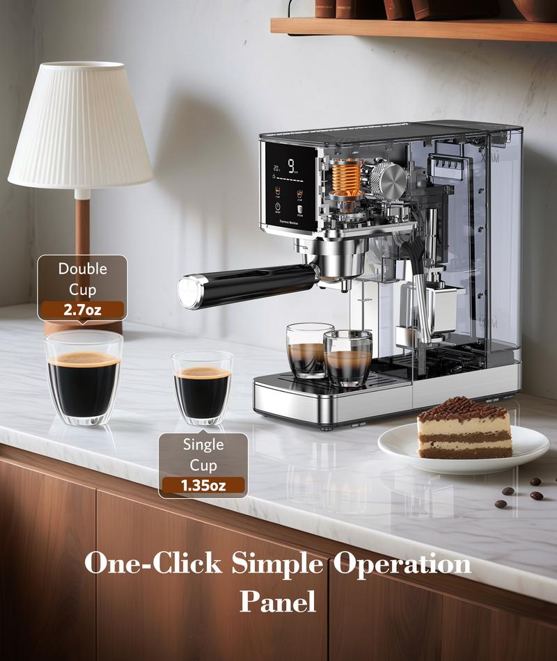 COWSAR 20 Bar High Pressure Stainless Steel Drip Coffee Maker with Touch Control Panel 1.2L Removable Transparent Water Tank for Residential Use