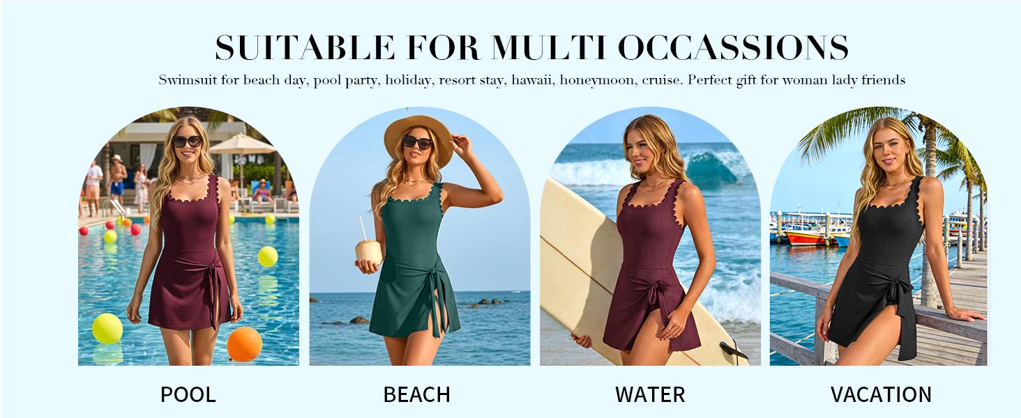 Charmo One Piece Swim Dress Scalloped Modest Swimsuits for Women Tummy Control Bathing Suit with Skirt Square Neck