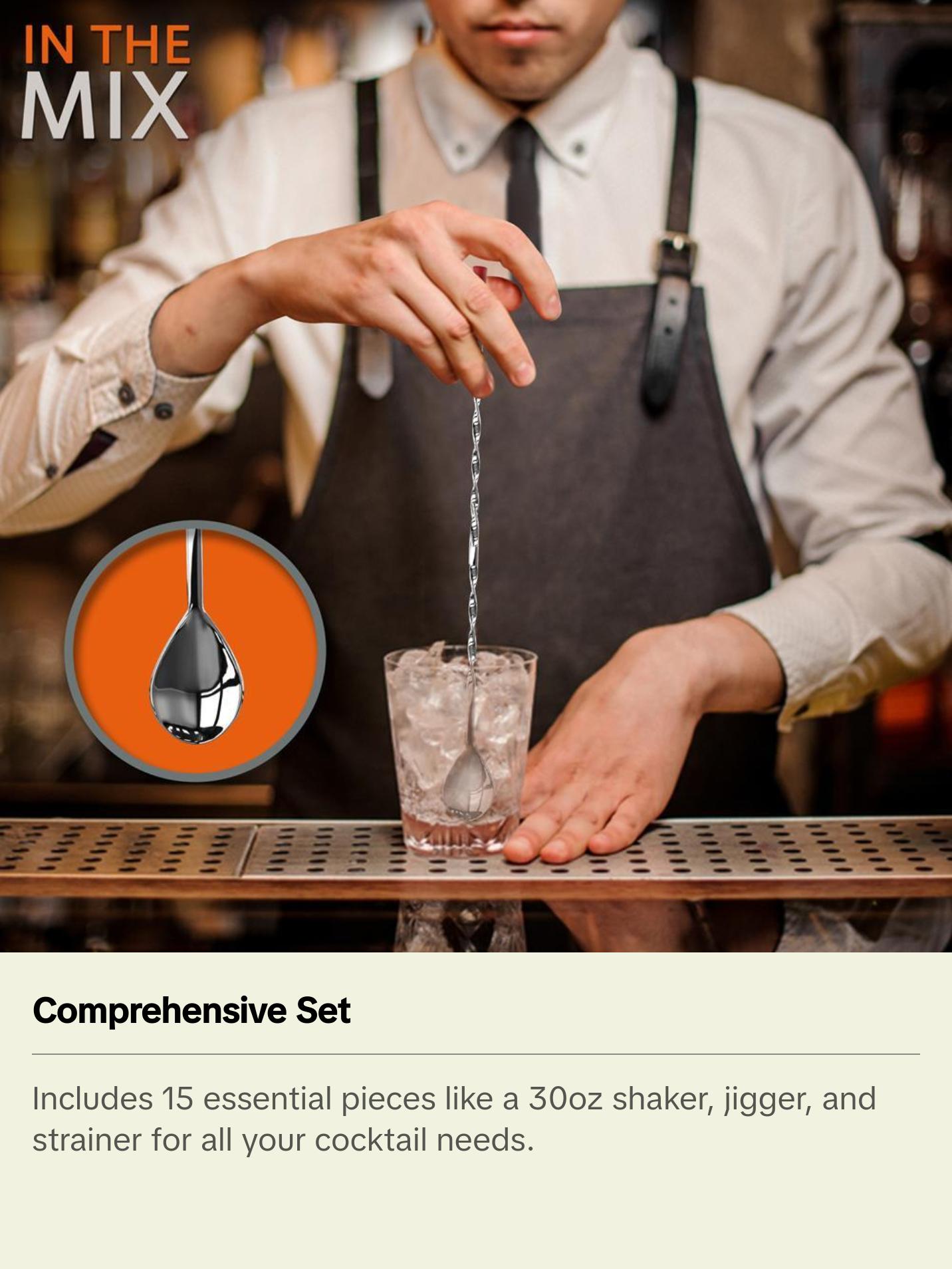 15 Pcs Bartender Set - Drink Mixer with Essential Bar Accessory Tools with Cocktail Shaker Stainless Steel Utensils Reusable