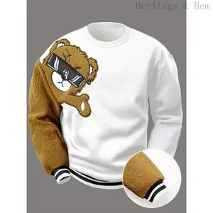 Men's casual orange teddy bear sweatshirt-loose fit, polyester, detail, machine washable, round neck, long sleeve