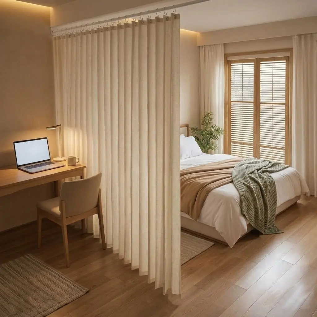No-Drill Easy-to-Install Foldable Room Divider Polyester Curtain with Hooks, Semi-Sheer Privacy Partition for Studio Apartment & Bedroom, Renter-Friendly Curtain Divider for Small Spaces