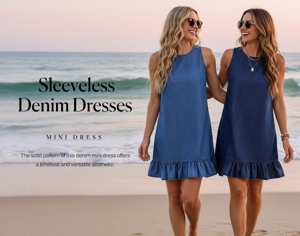 SIDEFEEL Women's Sleeveless Denim Dress Round Neck Ruffled Hem Casual Loose Denim Dress