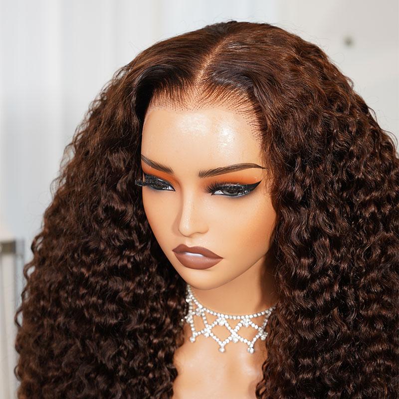 Megalook Chocolate Brown Upgrade 13x6 Three-Go Glueless Wigs Fitted All Pre-Styled Parting Breathable Dome Cap Free Lace Front 100% Human Hair Wig #4 Curly Hair 320℉ Heat Resistant SpringStatements