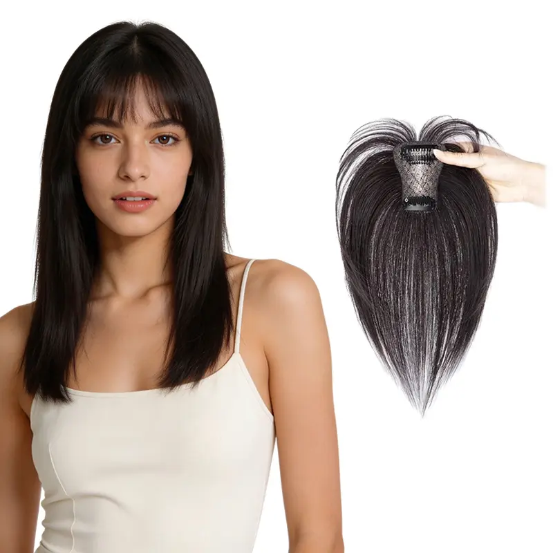 Women's Human Hair Clip-In 3D Bangs Hairpiece - French Air Bangs, Glueless Clip Hair Extensions, Casual & Chic, Easy to Wear, Comfortable Fit, Suitable for High Hairline Women’s Daily & Formal Occasions, Natural Straight