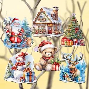 Designocracy 8090028C-S6 2 x 2 x 0.25 in. Christmas is Here Decorative Wooden Clip-on Ornaments Christmas Decor, Set of 6