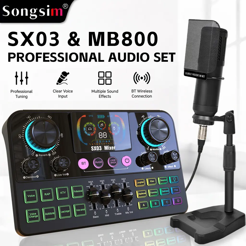 Songsim-SX03 & BM800 Audio Set | EQ adjustment | Lossless output | Reverb control | Dual-mic streaming | Voice changer | Complete studio kit, plug-and-play—ideal for singing, podcasting, audio recording, and live streaming (user guide included)