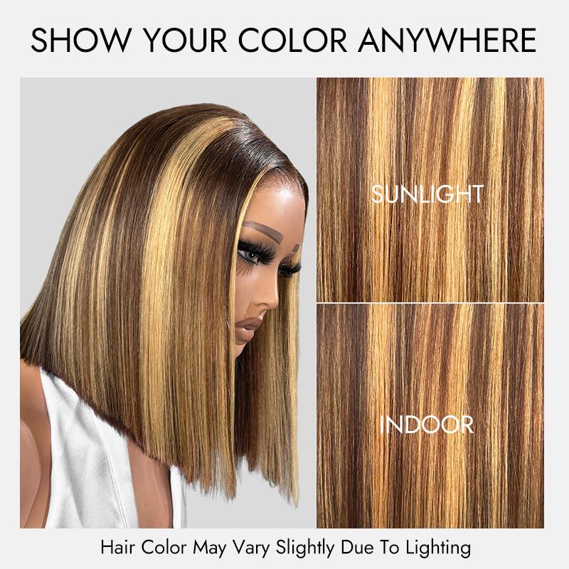 [New In] Wiggins Hair Highlight Straight Bob Wig Glueless 7x4 Lace Closure Wigs Human Hair Ready To Go Wig Honey Blonde Highlights with Brown Hair