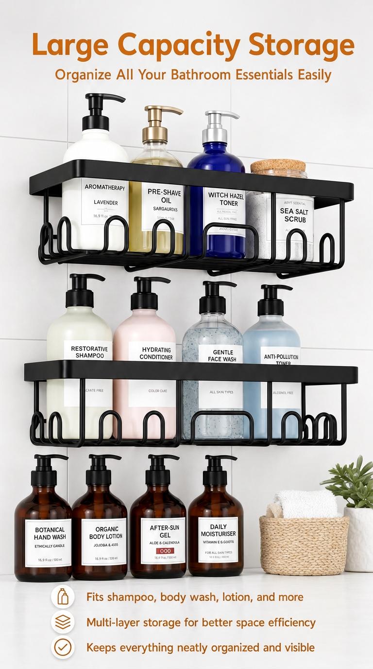 Modern 6-Piece Compact Steel Shower Caddy Rack Set, Stick-On No-Drilling Bathroom Shelves with Soap Holder, Home Bathroom Storage Organizer Essentials Gadgets