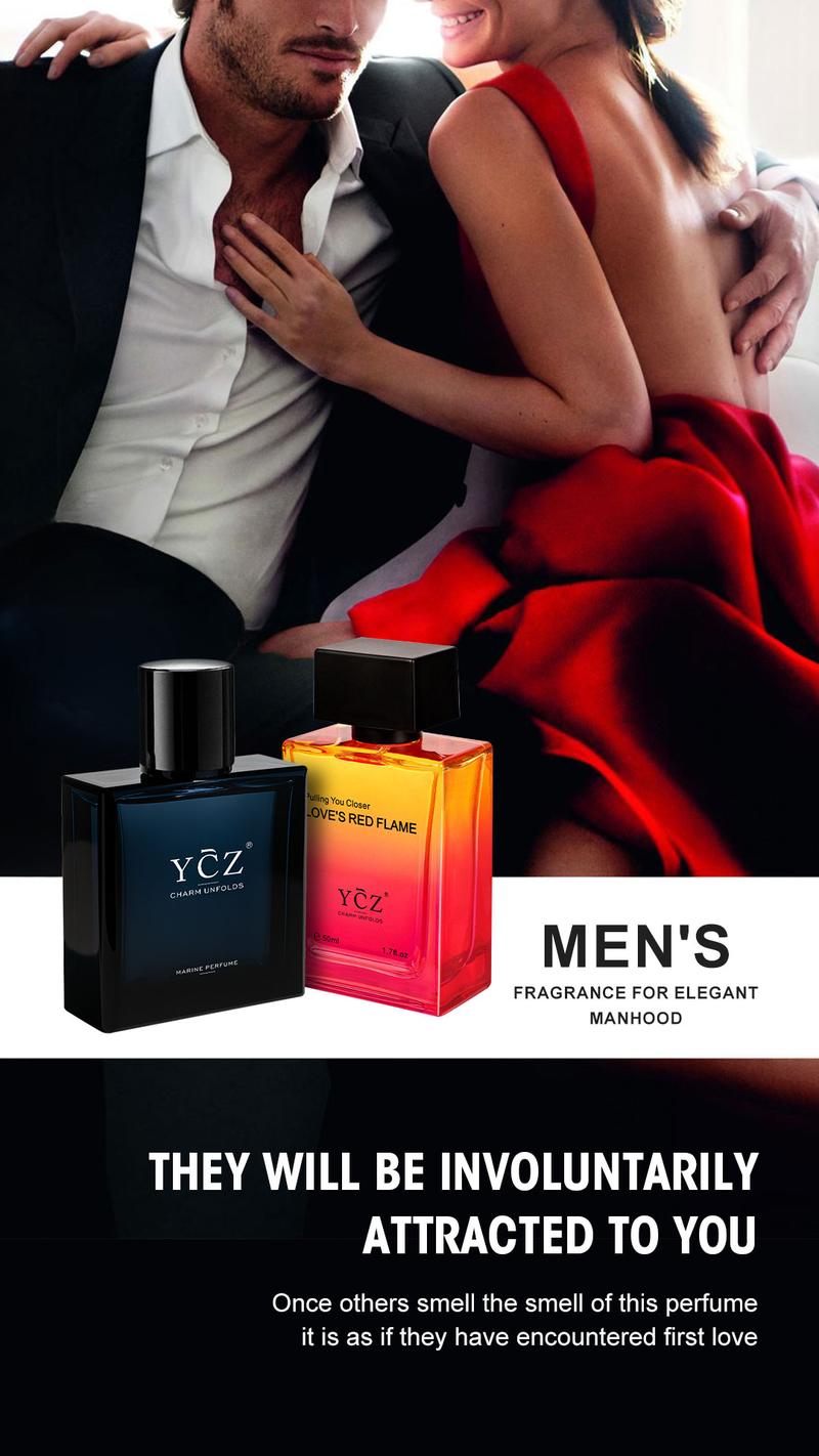 YCZ Men's Cologne 2-Piece Set - Love's Red Flame Woody Spicy Fruity & Midnight Marine Perfume - 50ml Each - Ideal for Daily & Outdoor Use - Fragrance Gift Bundle Charm Unfolds