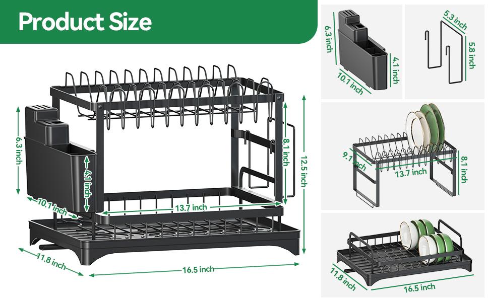 Dish Drying Rack, 2 Tier Large Dish Drying Rack for Kitchen Counter with Drainboard, Carbon Steel Dish Drainer with Anti-Rust Coating for Dish/Knifes/Cup/Cutting Board, Black