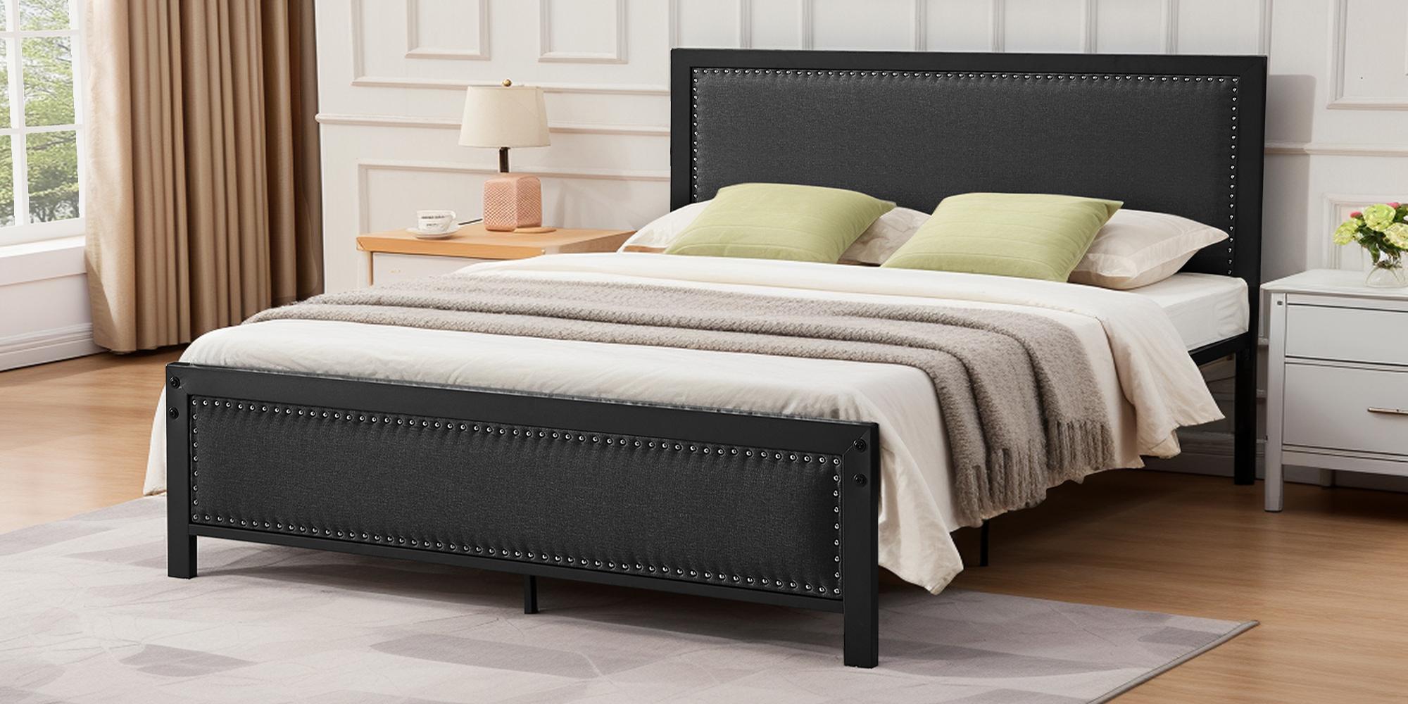 VECELO Bed Frame with Upholstered Linen Nailhead Trim Headboard Footboard Twin Full Queen Size Platform Metal Slat Support No Box Spring Needed Easy Assembly Black Gray Bedroom Furniture