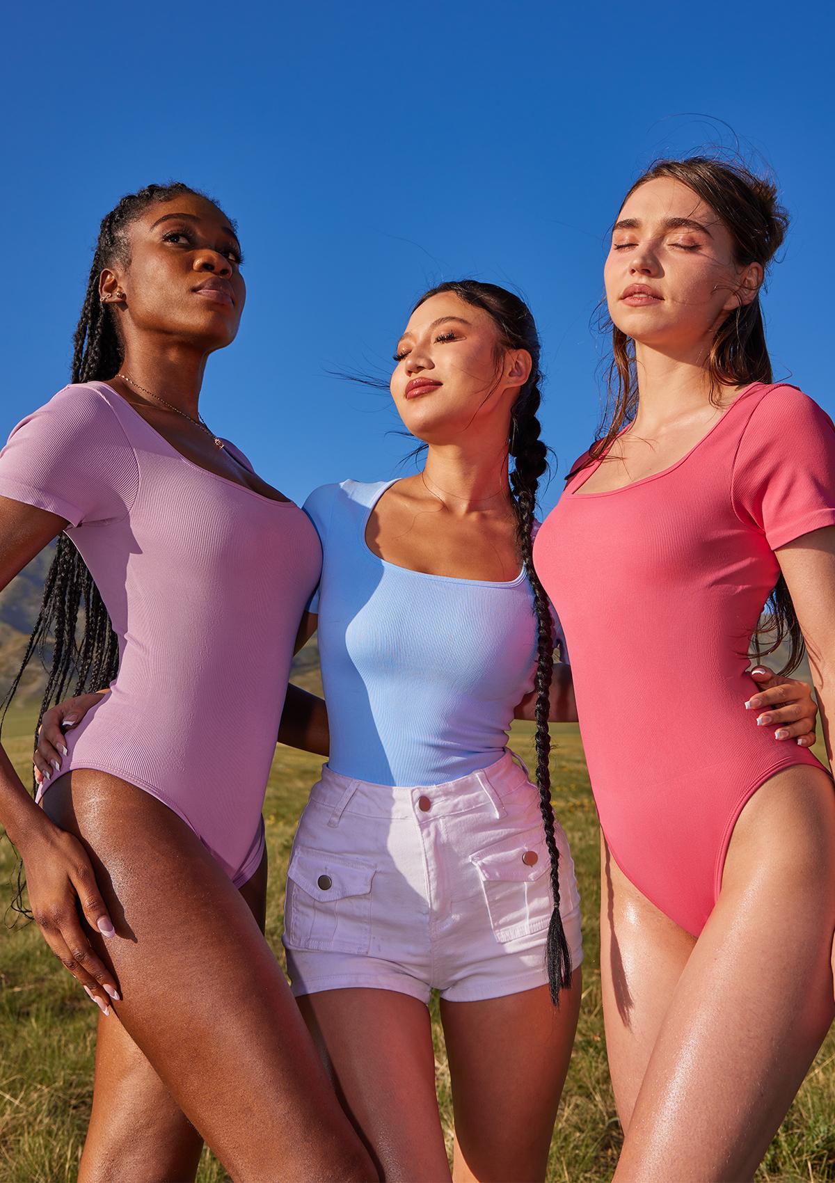 OQQ Women's 2 Piece Bodysuits Sexy Ribbed Square Neck Short Sleeve Bodysuits Trendy SpringStatements