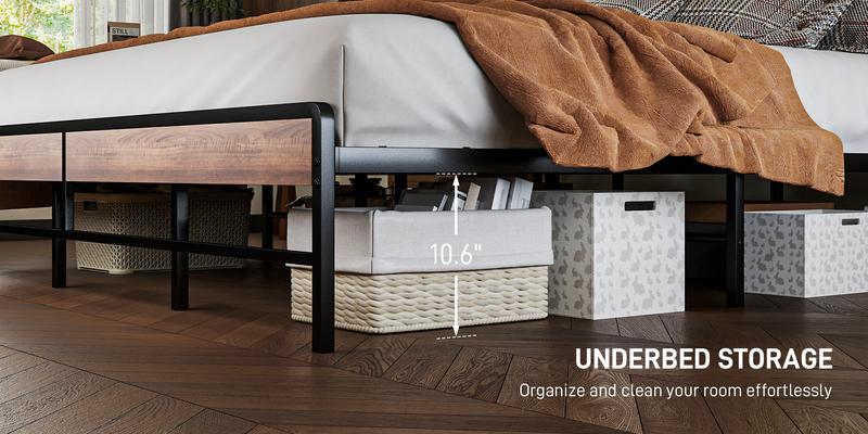 HOMCOM Bed Frame with Storage Headboard, Platform Bed Frame with LED Lights, Charging Station, Steel Slats, Noise-Free & Easy Assembly, No Box Spring Needed