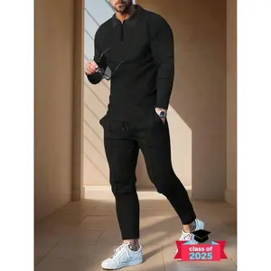 Men's Solid Zipper Solid Color Polo Shirt and Drawstring Waist Pants Set, Fashion Long Sleeve Top & Trousers with Practical Pocket Design, Suitable for Casual Sports, Menswear