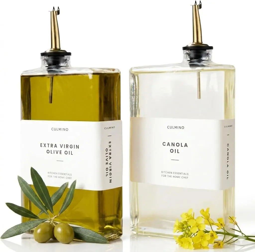 Olive Oil Dispenser Bottle - Refillable Glass Bottles for Kitchen - Syrup Container for Vinegar and Soy Sauce, Pack of 2