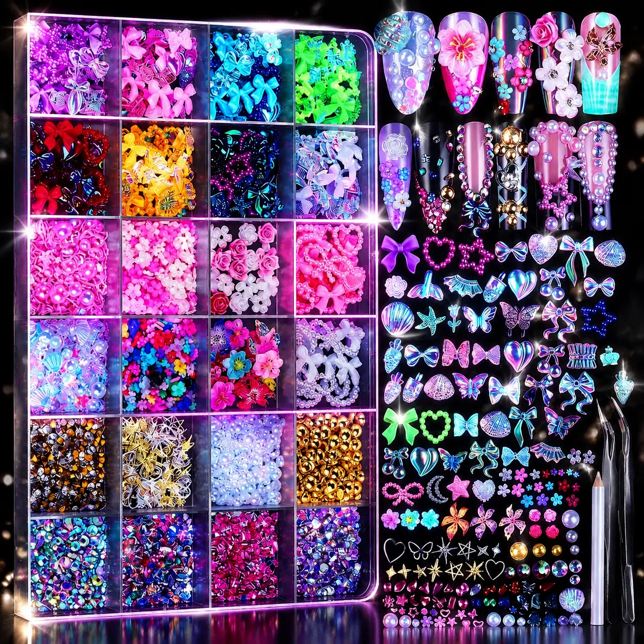 24-Grid Nail Art Decoration Kit - Multi-Shape Charms, Flatback AB Rhinestones, Gold Pearls, Y2K Designs, 3D Hawaii Flowers, Rhinestone Stickers, Rhinestone Tips Nail Art Accessories, Nails Inspo, Funky