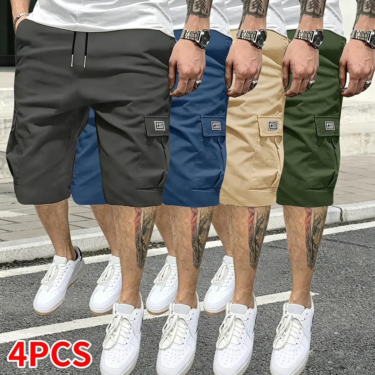 4-piece set for men: outdoor sports/fitness/running/casual wear; drawstring elastic waistband; multifunctional pockets; summer shorts; men’s casual cargo pants; clothing; menswear,summerwins,father'sdaygifts polished