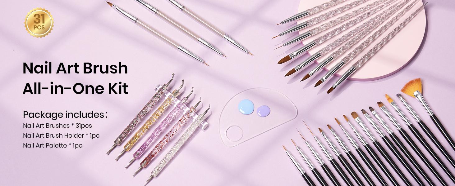 Beetles 31pcs Nail Art Brushes, Nail Dotting Tools, Nail Drawing Pens, Nail Dust Brush, Striping Nail Art Liner Brushes, Nail Art Pens with Nail Brush Holder All in One for Starter Nail Art Design Manicure Cutics   Easter'sGift