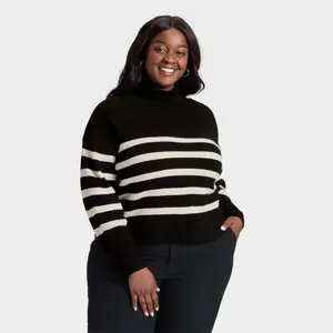 Women's Long Sleeve Mock Turtleneck Funnel Pullover Sweater - A New Day Black/Cream Striped 2X
