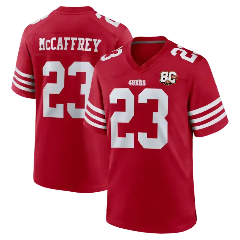 Trendy Football Season 2026 Full Logo Printed McCaffrey 23 Football Jersey Tee Shirt, 80th Anniversary Game Jersey Football Tee, Alternate Custom Game Jersey, Sport Activewear for Men Women
