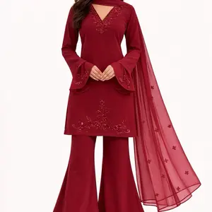 Handwork Boutique 3-Piece 90's Inspired Short Salwar Kurta with Embroidered Details and Flared Pants Womenswear Clothes Salwarkameez