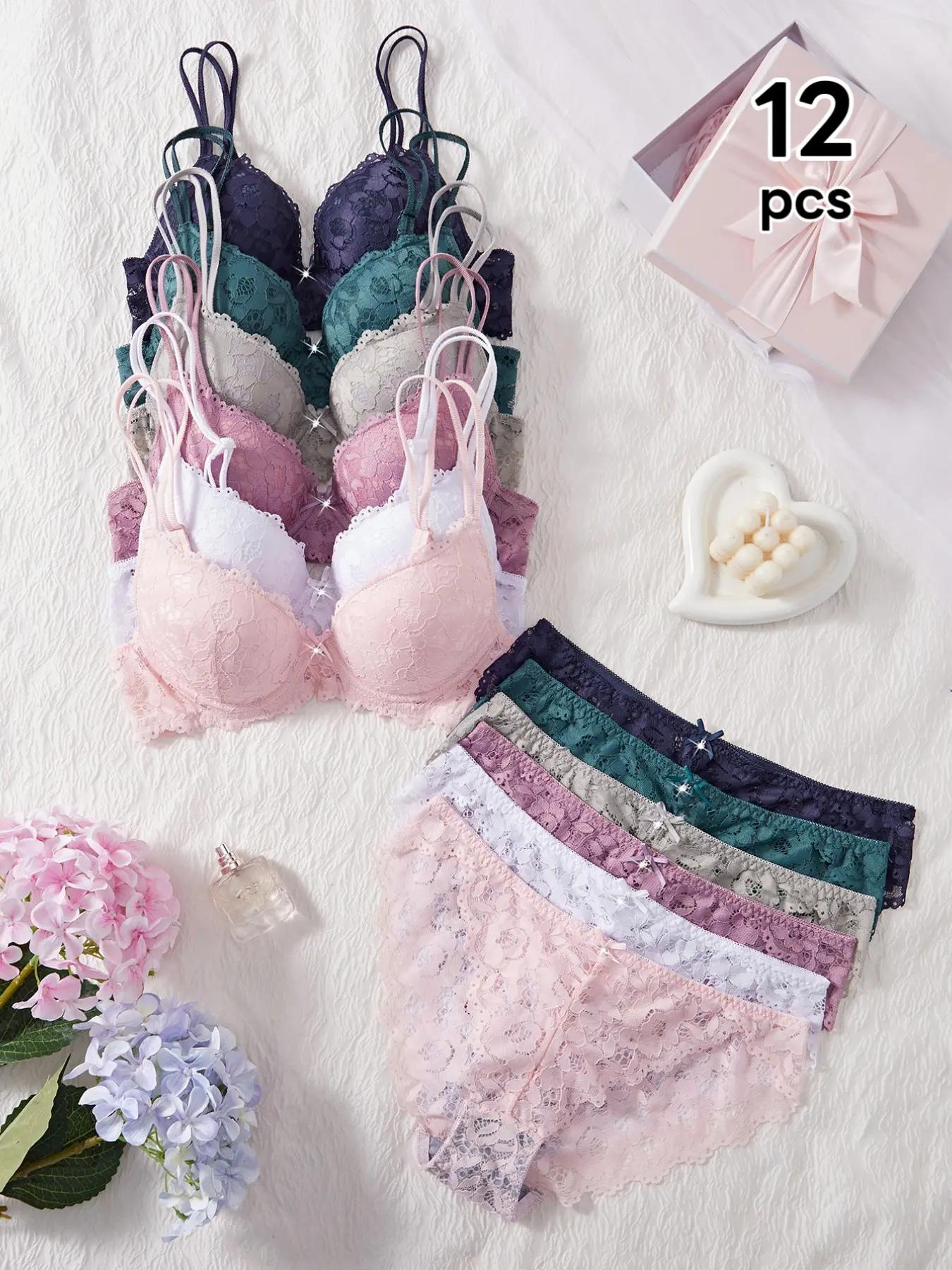 Women's Floral Lace Bra and Panty Set 12-Pack, Underwear Sets, Comfortable Feminine Underwear Lingerie Set, Cute, Stylish & Soft Fabric, Perfect Gift Idea