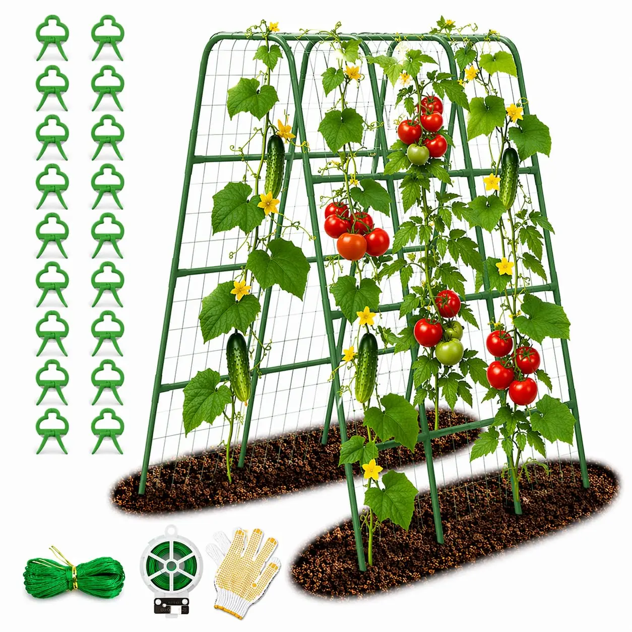 Garden Trellis for Cucumbers, 63” Tall Plant Trellis with 16mm Heavy Duty Frame, U-Shaped Arch with Netting, Includes 20 Clips, Metal Climbing Support for Raised Beds & Vegetables