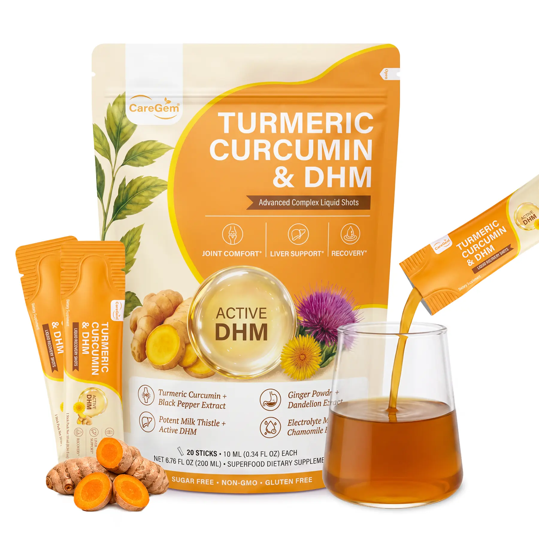 CareGem Turmeric Curcumin & Milk Thistle Liquid Shots with DHM & Glutathione for Liver Health Support | 12-in-1 Herbal Wellness Blend with Tart Cherry, Dandelion, Chamomile, Black Pepper & Ginger | Pineapple Mango Flavor | 20 x 10mL Shots (6.8 fl oz)