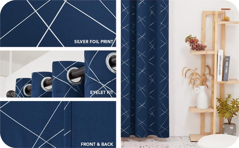 Deconovo Blackout Curtains Silver Parallel Slash Thermal Insulated Noise Reducing Privacy Drapes for Bedroom & Living Room Black Patterned Grommet Top