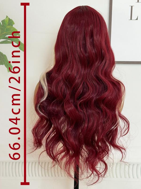 26 Inch Burgundy Red with Cream Blonde Highlights - Silky Body Wave Heat Resistant Fiber Wig Natural Hairline Red Highlight Wig