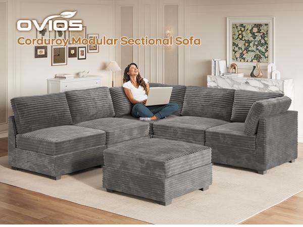 【6 Packages Shipping】Ovios 131" Modular Sectional Sofa Couch  with Ottoman, U-Shaped Minimalist Couches with 2 Oversized Chaise, L-Shaped Modern Deep Seat Cloud Plush Corduroy Sofas Set for Living Room, 6 Seater
