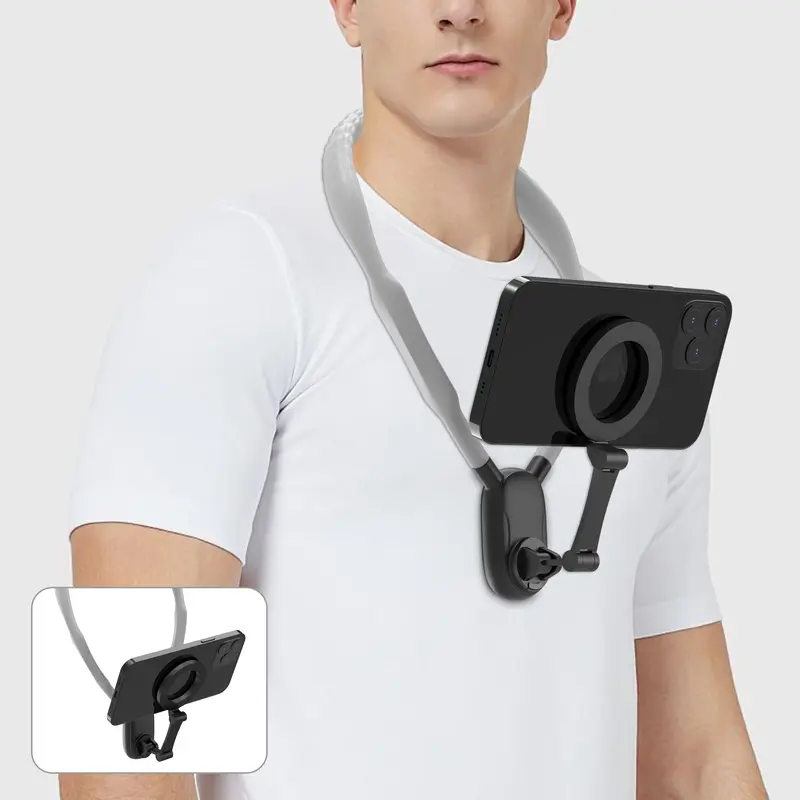 Adjustable Metal Car Phone Holder - Silicone-Lined Aluminium-Steel Alloy, Quick-Release Strong Magnetic Fast Disassembly, Universal Compatibility for iPhone 16/15/14/13 & Android, Neck/Chest Mount for Content Creators, Car Interior Accessory