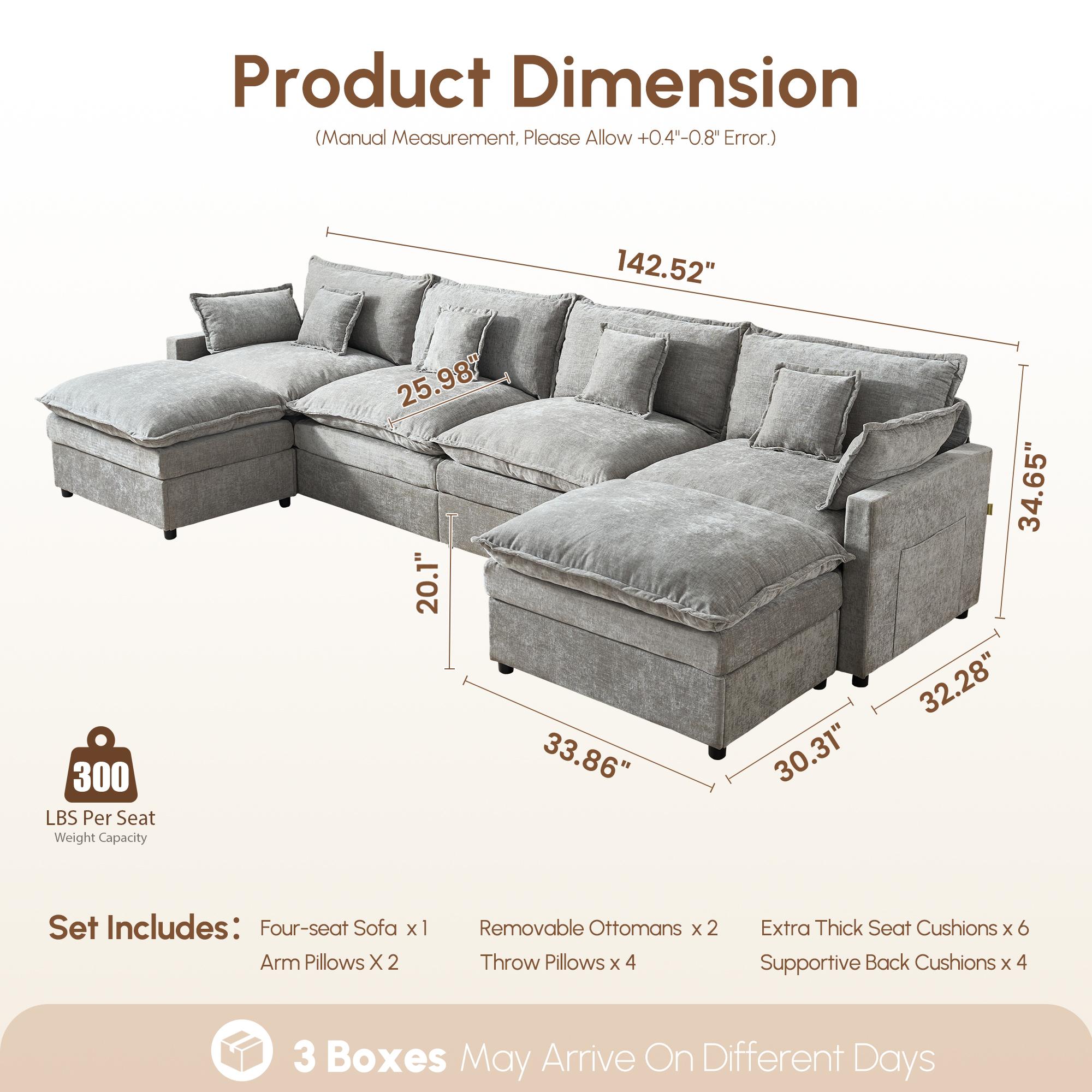 【2/3 Packages Shipping】Ovios 143" U-Shaped Modular Sectional Sofa with 2 Ottomans, Comfy Chenille Cloud Couch, Deep Seat Sofa Bed with 5 Pillows for Living Room, Bedroom & Apartment