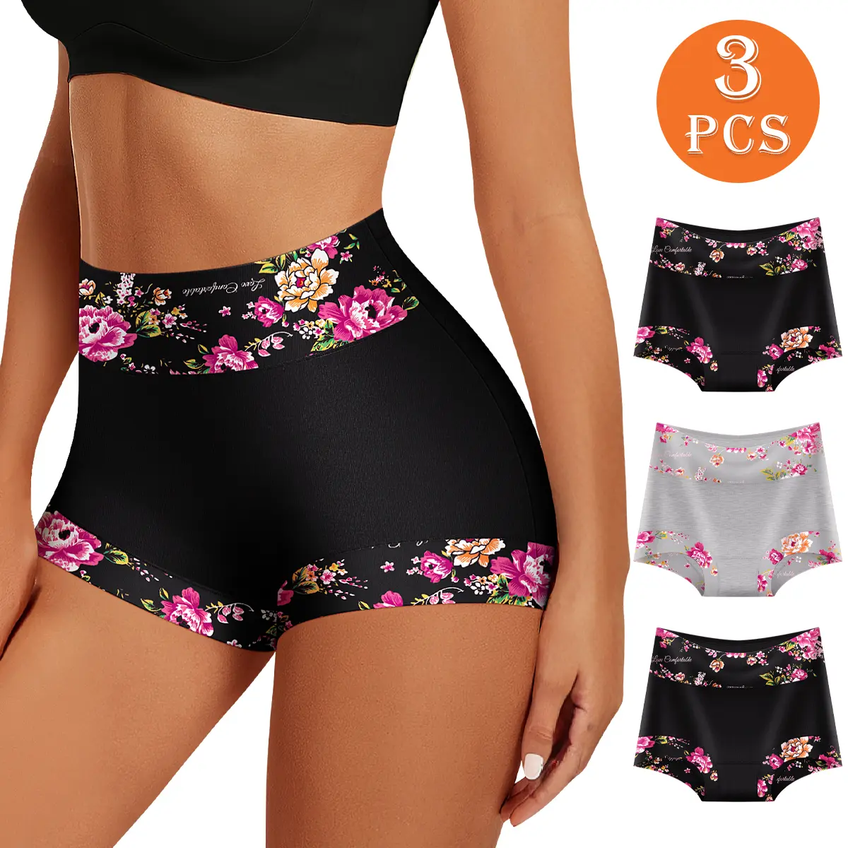 QUASTI 3-Piece High-Waisted Floral Cotton Women's Panties, Soft and Breathable With High Elasticity, Sizes S-XXL