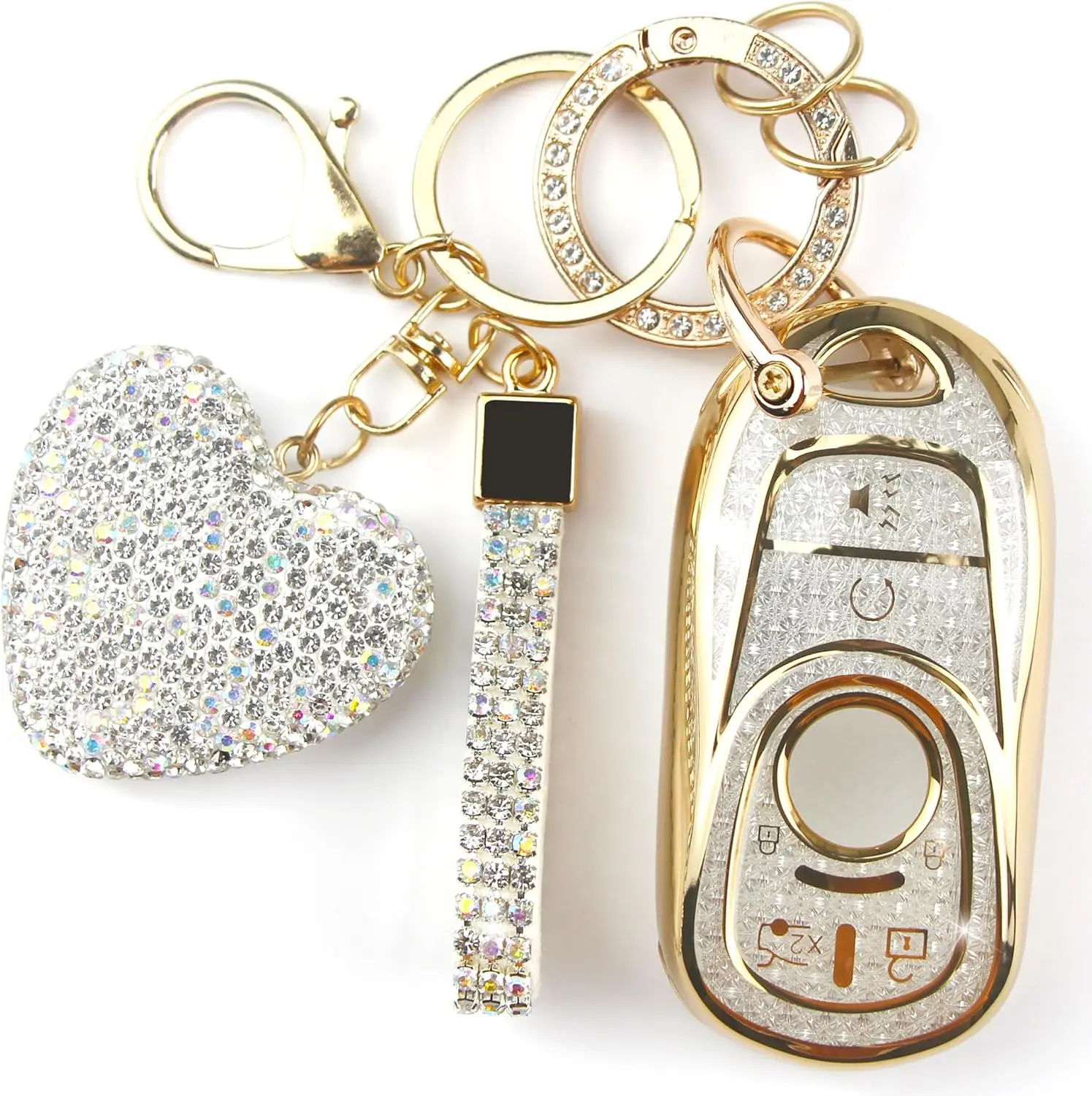 Key Fob Cover with Diamond Keychain Car Key Holder Case Compatible with Buick GX Enclave Encore LaCrosse Regal Envision Tourx GL8 Smart Remote Key Protector for Women, 6 Buttons (White-Heart)