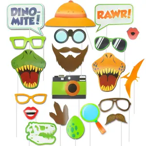 Dinosaur Photo Booth Props Kit (20 Count) - Jurassic Safari Jungle Theme Party Supplies for Kids Birthday, Baby Shower - Funny T-Rex, Explorer Masks - Includes Upgraded 9.8" Long Paper Sticks