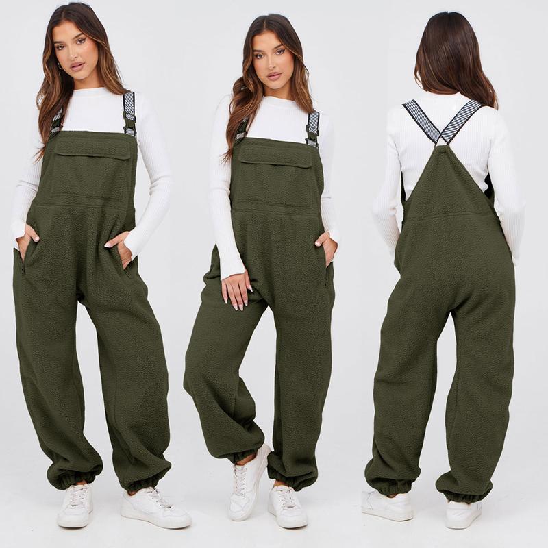 Buenoble Women's Fuzzy Fleece Overalls Winter Bib Pants Loose Fit Adjustable Strap Jumpsuit Warm Teddy Sherpa Romper Loungewear Streetwear