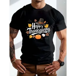 Casual Short-Sleeve T-Shirt for Plus-Size Men Featuring a Pumpkin Happy Thanksgiving Graphic,  Perfect for Everyday Wear for Big And Tall Individuals,  Plus Size