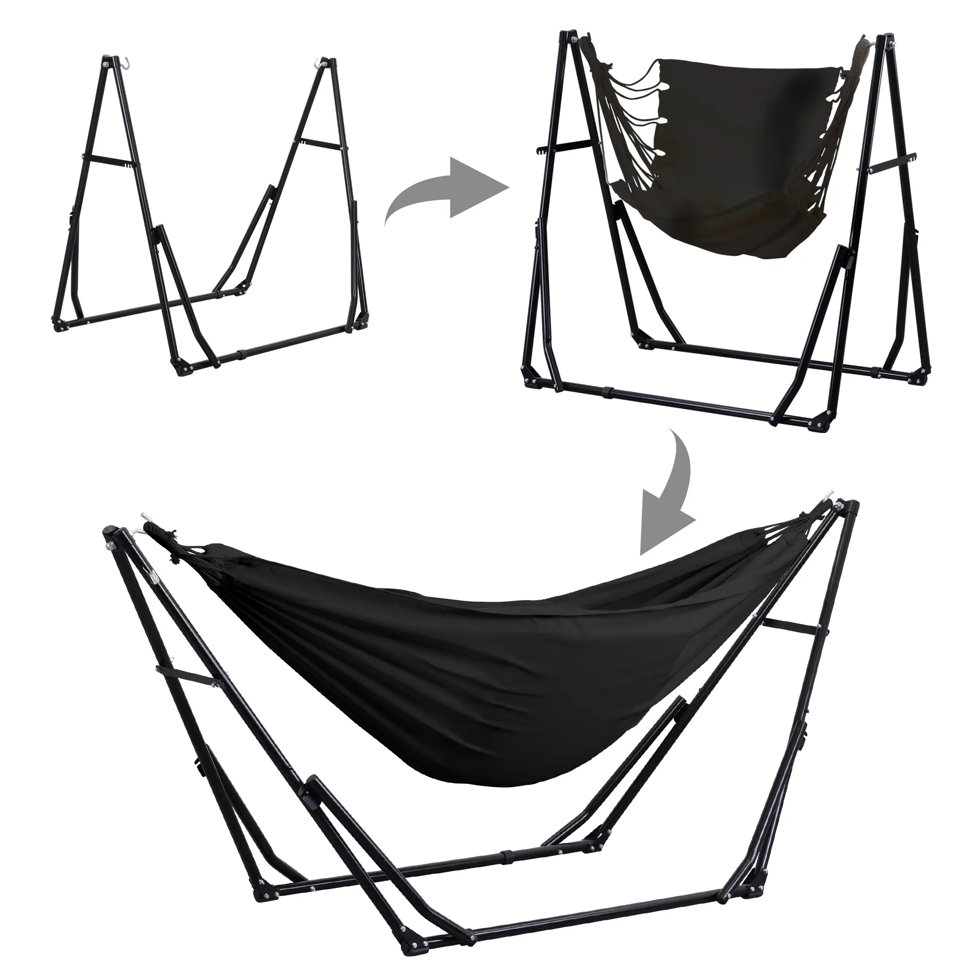 【Summer Outdoors】GDY Hammock Life Double Fabric Hammock Chair with Stand Black Max 350 lbs Capacity for Hammock Camping Outdoor Lounge Modern Aesthetic Design Minimal Portable Compact Easy Setup Carabiners Included