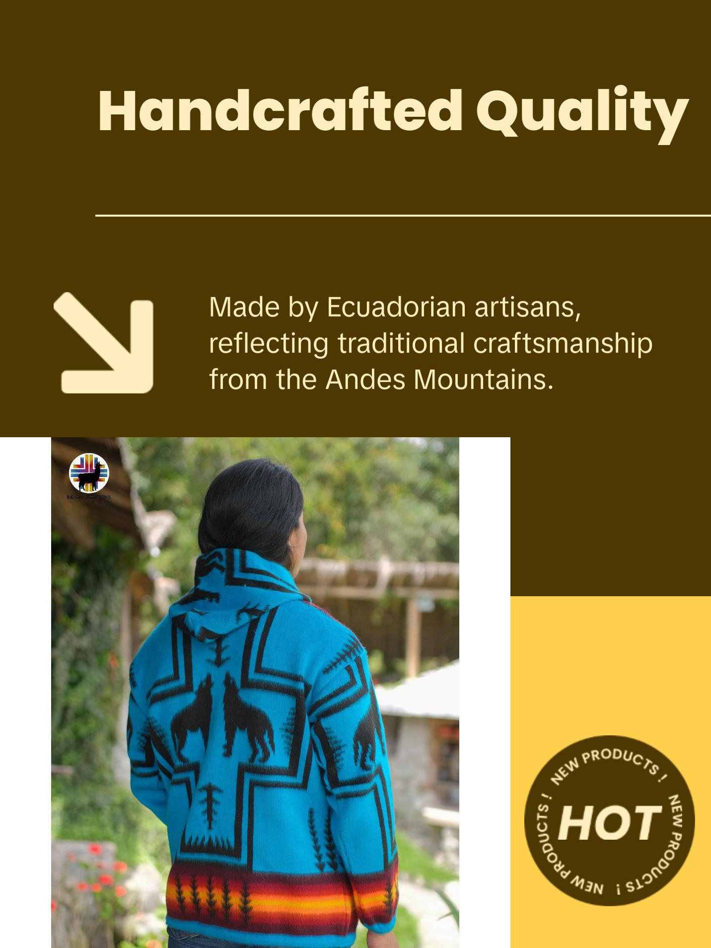 Blue Wolf Spirit Alpaca Wool Jacket. Handcrafted by Indigenous Hands. Super warm and soft. Machine Washable