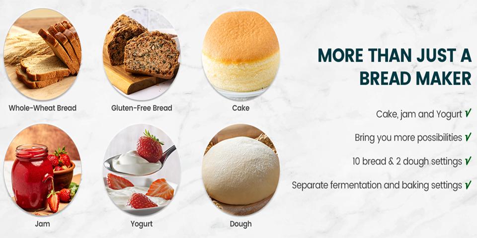 Bread Machine 2LB 12-IN-1 Gluten-Free Nonstick Pan 2 Loaf Sizes Keep Warm White Automatic Bread Maker for Home Cooking