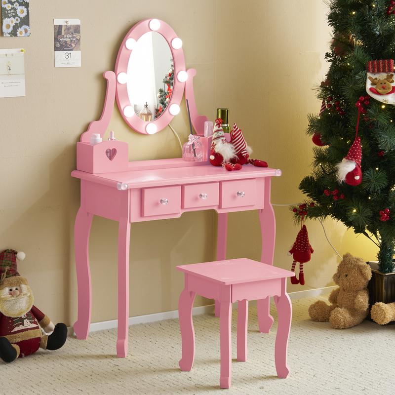 Macaroon Pink Wooden Vanity Table and Chair Set for Children with Lighted Mirror, Makeup Storage Rack, Brush Holder, and Stool - Pretend Play Dressing Table for Girls