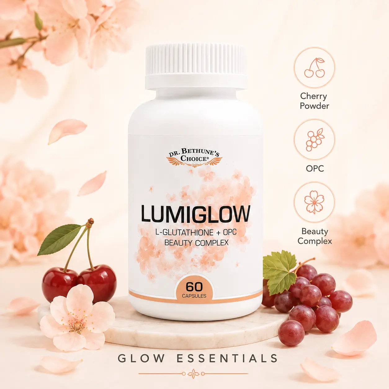 Dr. Bethune’s Choice LumiGlow Beauty Supplement with L-Glutathione, Grape Seed OPC, Vitamin C & Hyaluronic Acid, 60 Capsules