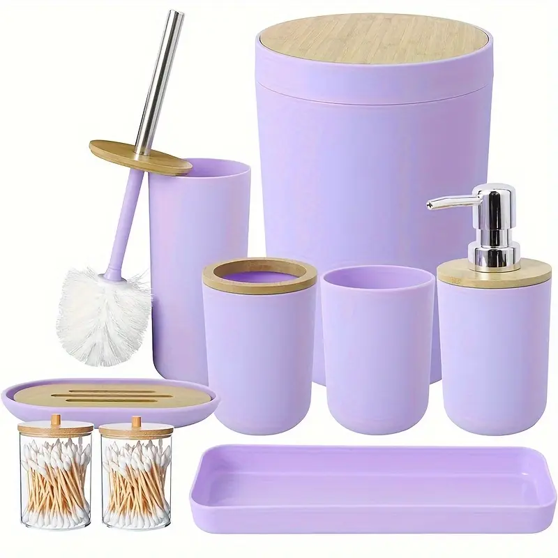 New 9Pcs light purple Bathroom Set with Trash Can Toothbrush Holder Soap Dispenser Lotion Dispenser Tumbler Cup Qtip Holder