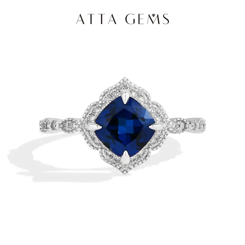 ATTAGEMS Cushion Cut 7.7mm Lab-Created Blue Sapphire Ring for Women 925 Sterling Silver Rings Fine Jewelry Party Holiday Engagement Gift R281